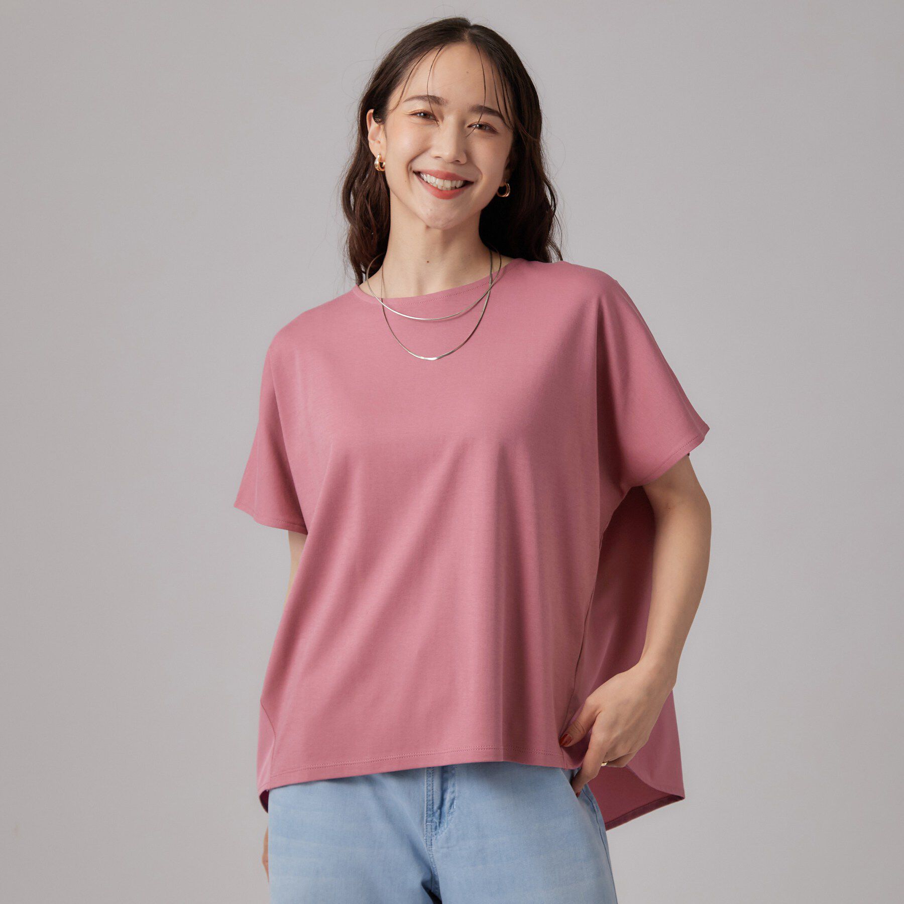 SHOO･LA･RUE「【洗濯機可/S-LL】後ろ姿も映える 異素材ドッキングトップス」|Tシャツ・カットソー|