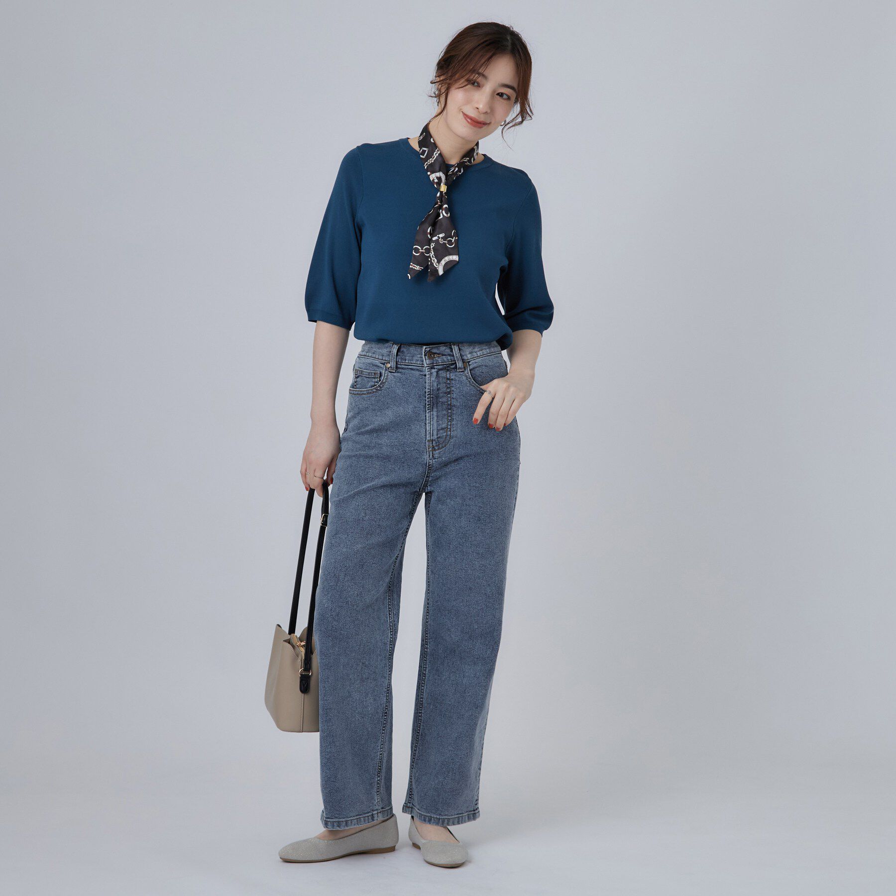 SHOO･LA･RUE「【ストレッチ／色落ちしにくいネイビー】脚がまっすぐきれいに見えるワイドストレートデニムパンツ」|デニム|