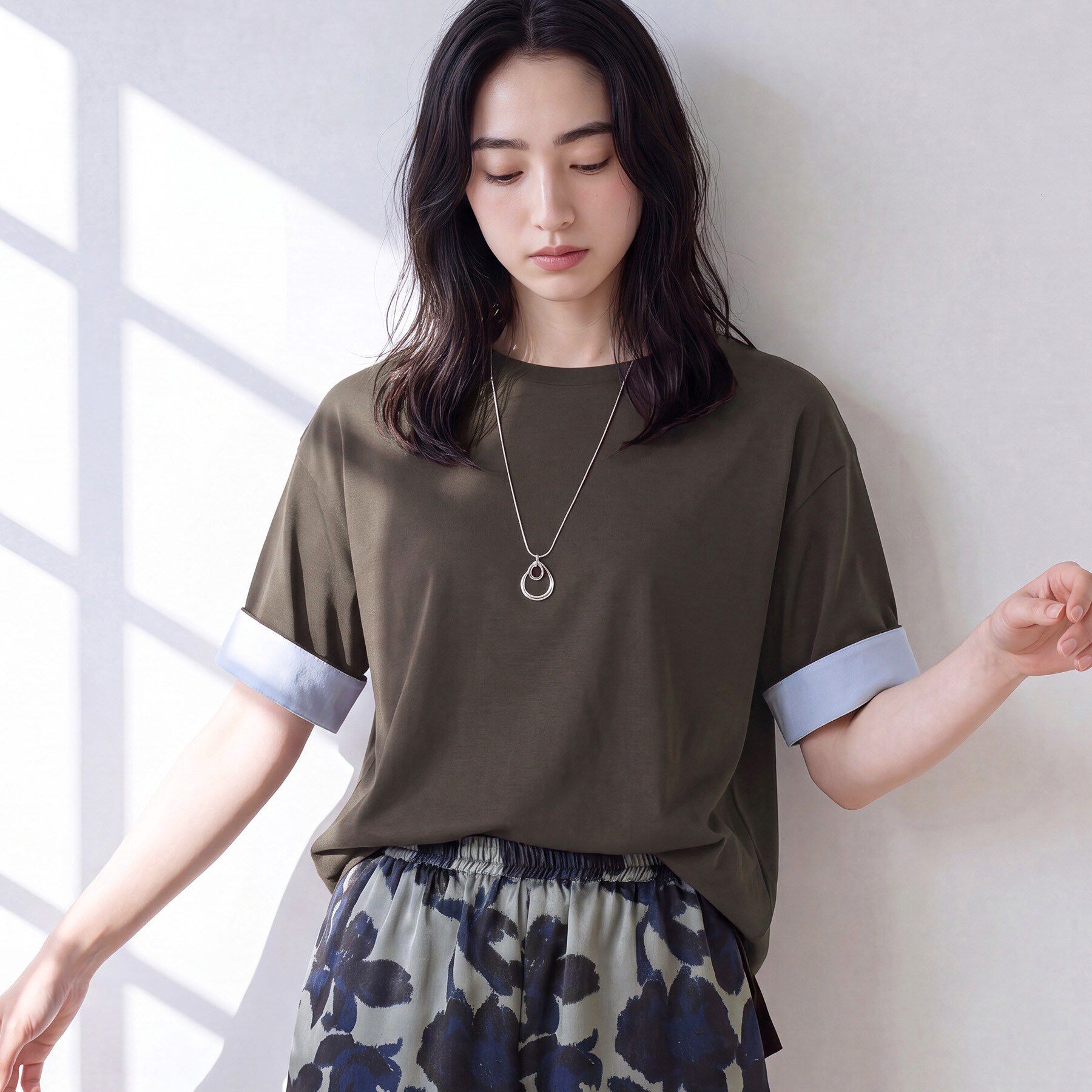 Dessin「【汗シミ防止/UVカット】配色スリーブ 五分袖プルオーバー」|Tシャツ・カットソー|