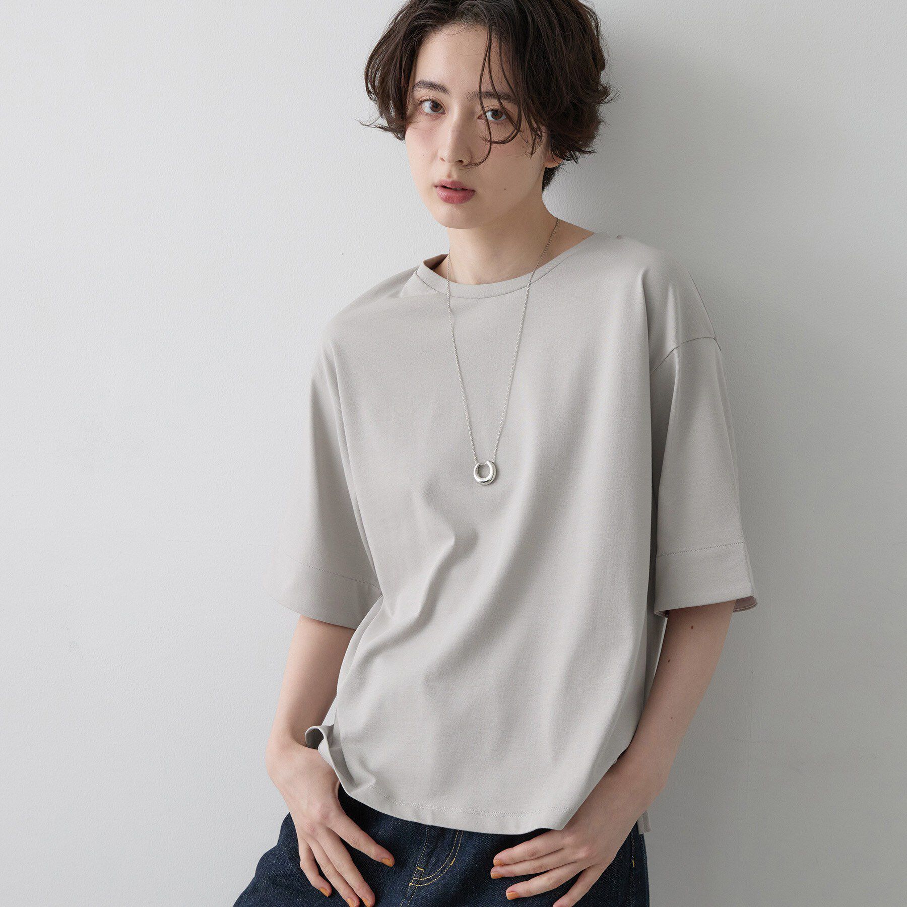 Dessin「【汗シミ防止/UVカット】配色スリーブ 五分袖プルオーバー」|Tシャツ・カットソー|