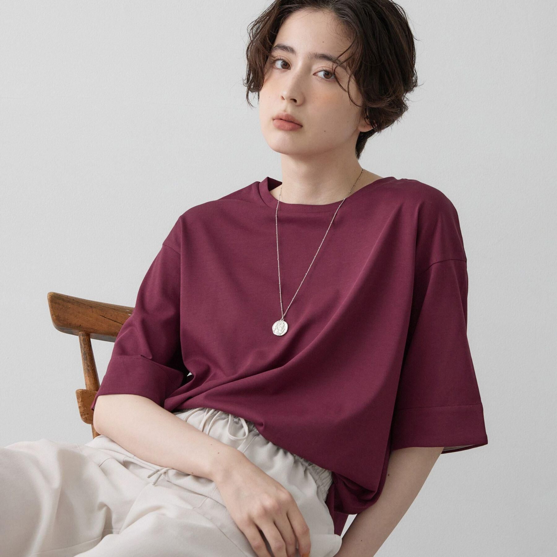 Dessin「【汗シミ防止/UVカット】配色スリーブ 五分袖プルオーバー」|Tシャツ・カットソー|ボルドー(564)