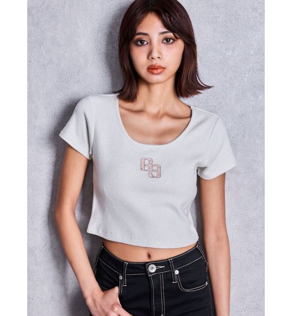 GYDA「GGロゴラインストーンラメテレコハーフスリーブトップス」|Tシャツ・カットソー|