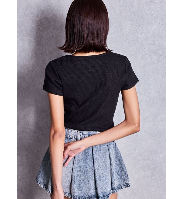 GYDA「GGロゴラインストーンラメテレコハーフスリーブトップス」|Tシャツ・カットソー|