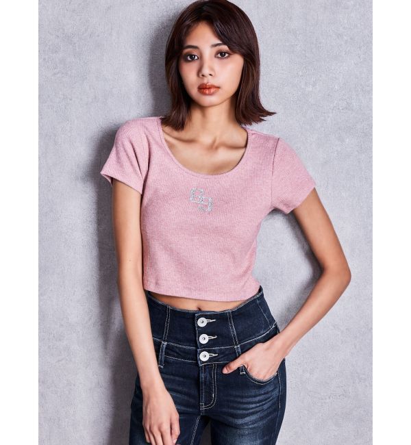 GYDA「GGロゴラインストーンラメテレコハーフスリーブトップス」|Tシャツ・カットソー|