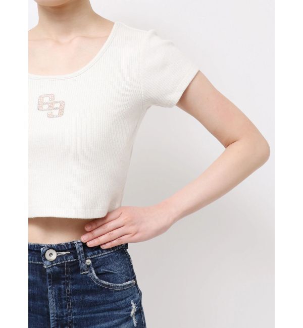 GYDA「GGロゴラインストーンラメテレコハーフスリーブトップス」|Tシャツ・カットソー|