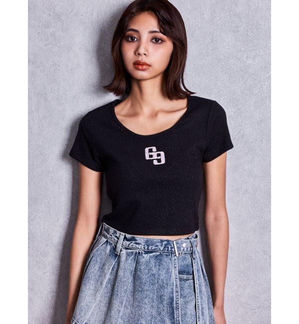 GYDA「GGロゴラインストーンラメテレコハーフスリーブトップス」|Tシャツ・カットソー|