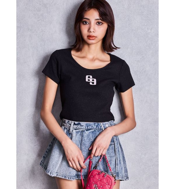 GYDA「GGロゴラインストーンラメテレコハーフスリーブトップス」|Tシャツ・カットソー|