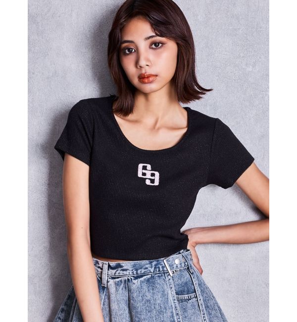 GYDA「GGロゴラインストーンラメテレコハーフスリーブトップス」|Tシャツ・カットソー|ブラック