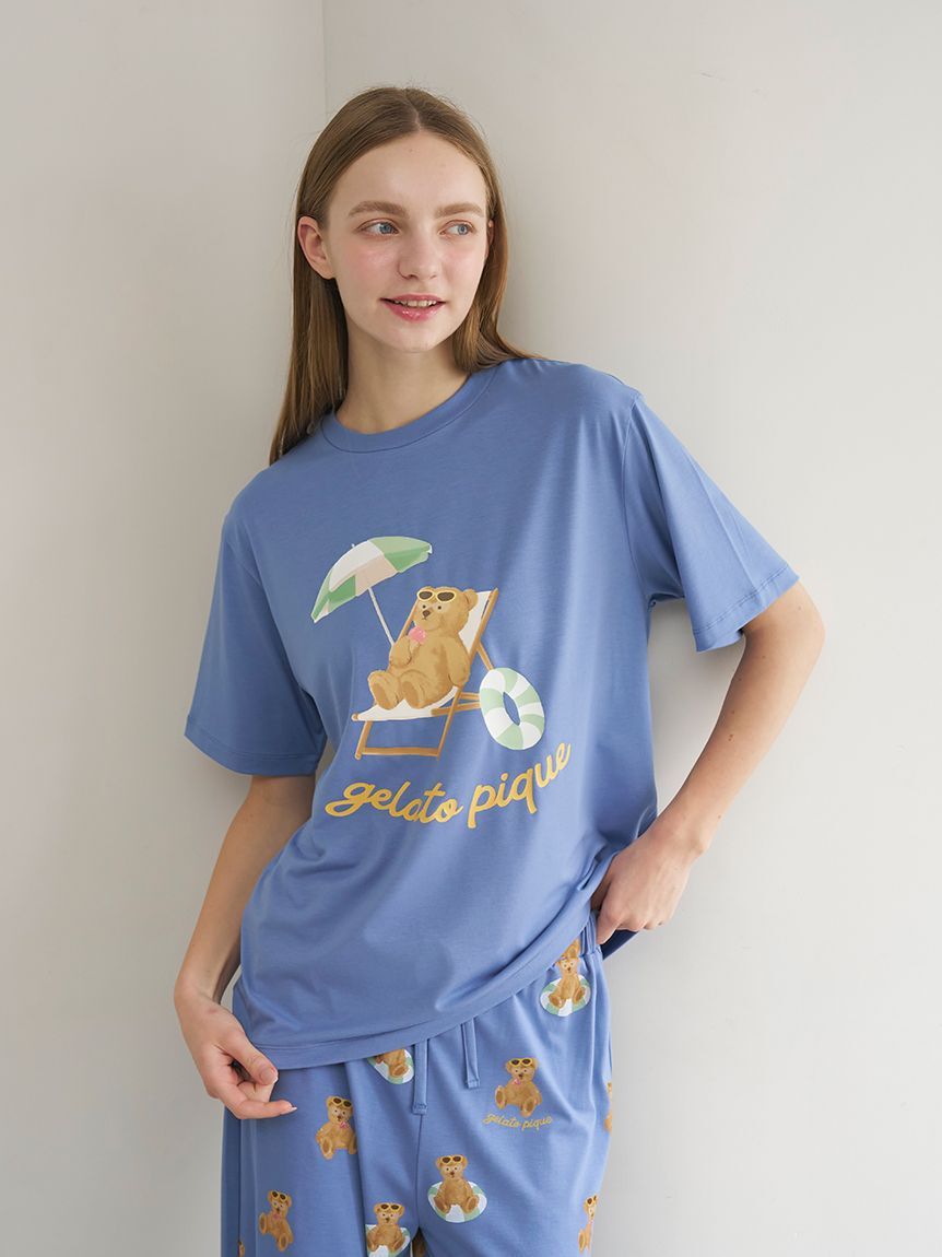 gelato pique「【ONLINE限定】【接触冷感】サマーベア柄ワンポイントTシャツ&ロングパンツセット」|ルームウェア|