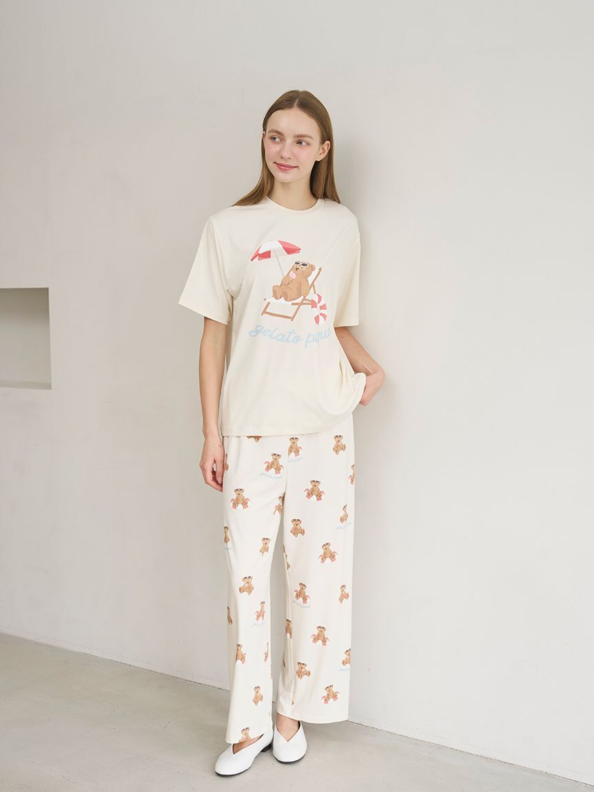 gelato pique「【ONLINE限定】【接触冷感】サマーベア柄ワンポイントTシャツ&ロングパンツセット」|ルームウェア|