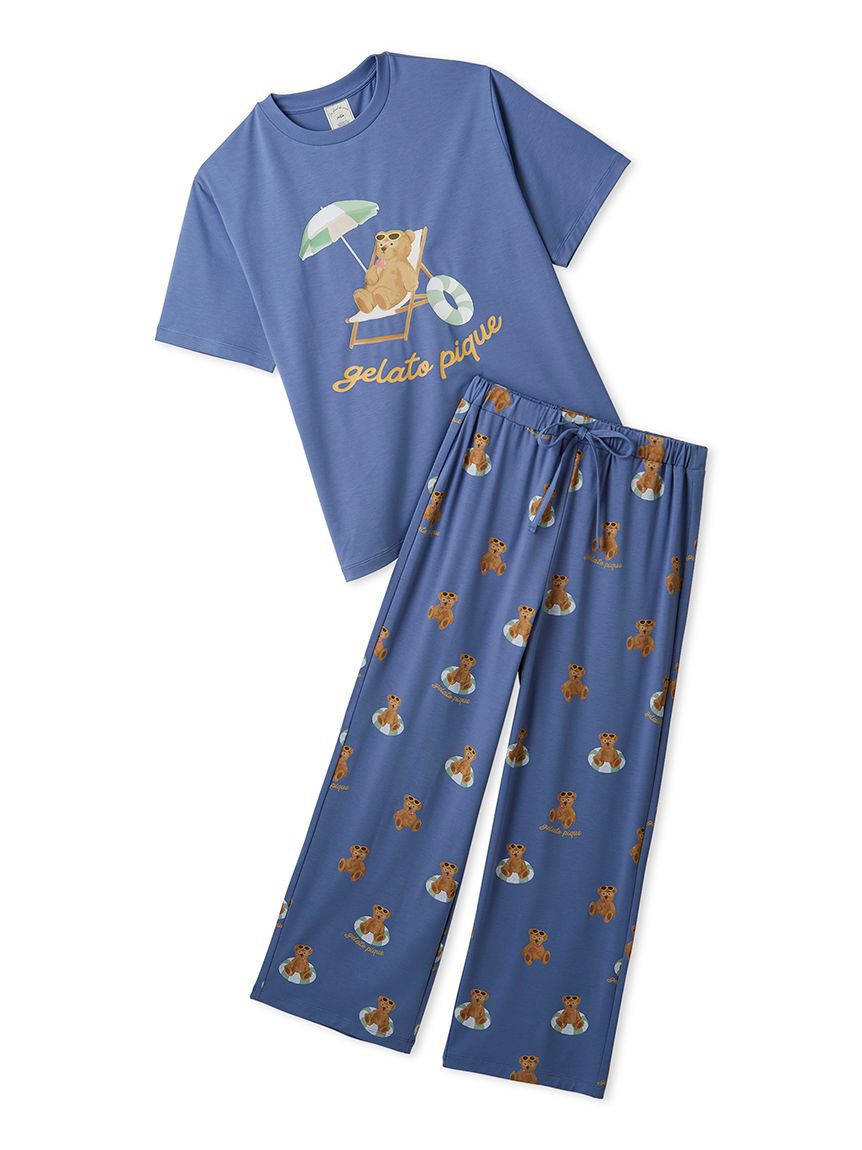 gelato pique「【ONLINE限定】【接触冷感】サマーベア柄ワンポイントTシャツ&ロングパンツセット」|ルームウェア|NVY
