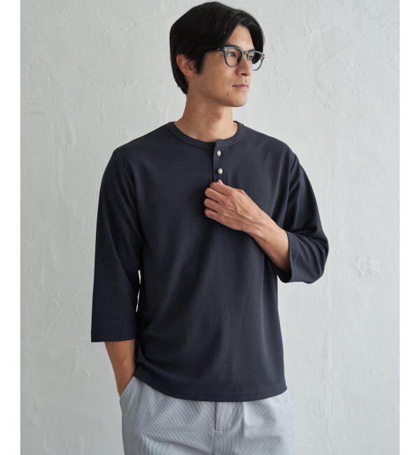 ikka「【吸水速乾】ドライサーマルヘンリーネック七分袖Tシャツ」|Tシャツ・カットソー|ネイビーブルー