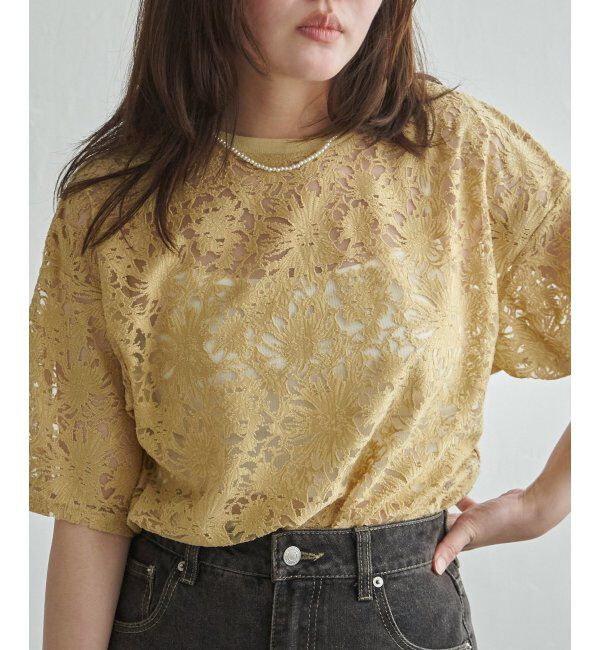 VENCE share style「シアーレース半袖プルオーバー」|その他|イエロー