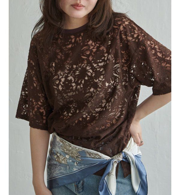 VENCE share style「シアーレース半袖プルオーバー」|その他|ブラウン