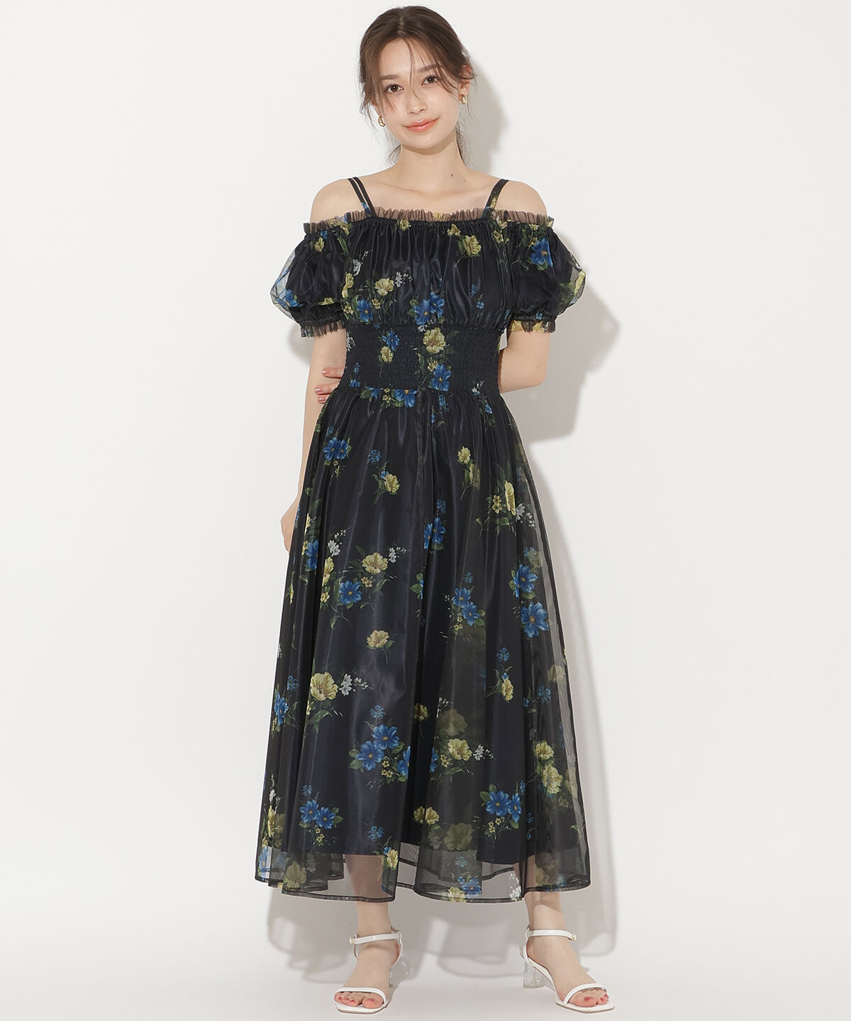 WILLSELECTION「フラワーメッシュオフショルワンピース」|ワンピース|紺系花柄