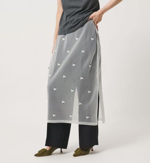UNITED ARROWS「シアー フラワー スカート」|タイト|WHITE