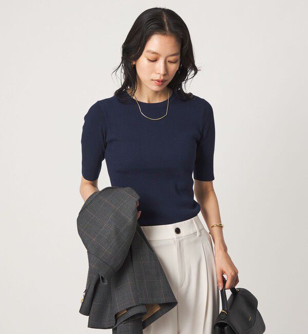 UNITED ARROWS green label relaxing「＜1_OF MINE＞リブ クルーネック 5分袖 ニット プルオーバー マシンウォッシャブル」|ニット・セーター|NAVY