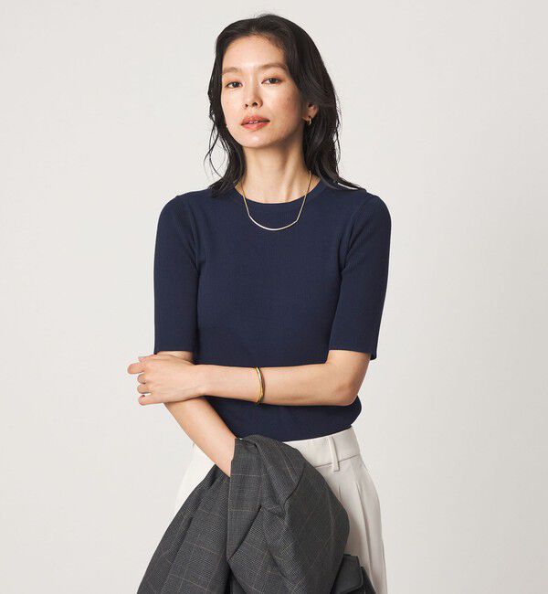 UNITED ARROWS green label relaxing「＜1_OF MINE＞リブ クルーネック 5分袖 ニット プルオーバー マシンウォッシャブル」|ニット・セーター|