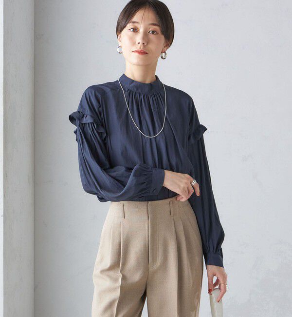 SHIPS for women「〈手洗い可能〉パウダリー 割繊 スタンドカラー ブラウス」|シャツ・ブラウス|