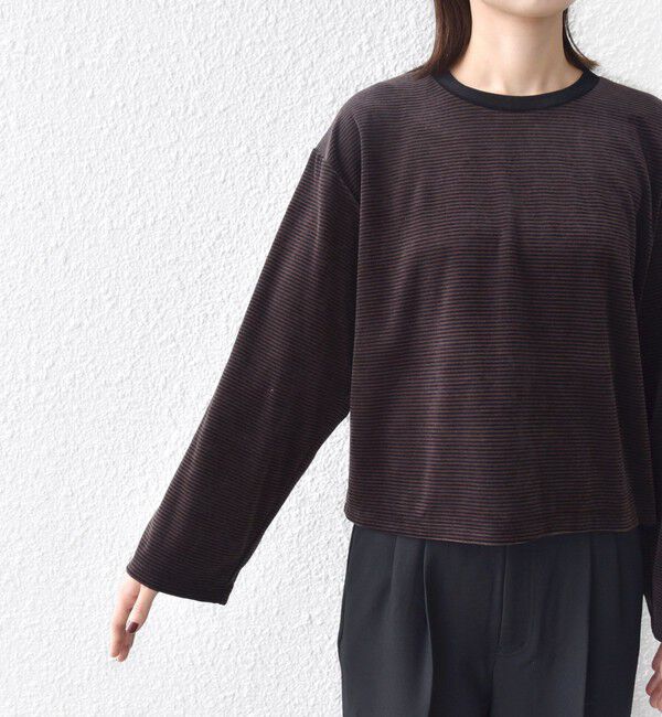 SHIPS for women「〈手洗い可能〉コットン ポリエステル ベロア ワイド スリーブ ボーダー」|Tシャツ・カットソー|