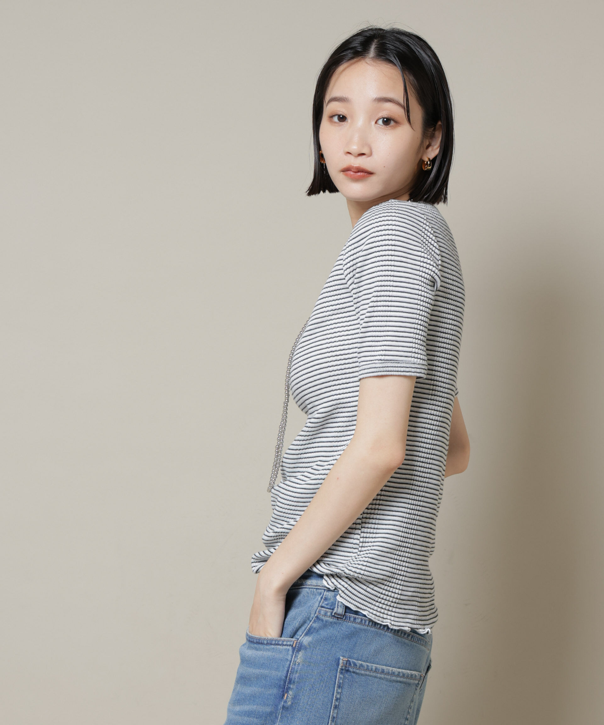 NANO universe「マルチボーダーテレコリブカットトップス」|Tシャツ・カットソー|