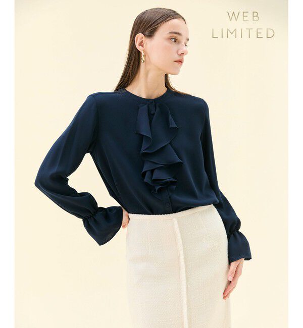BEIGE,「【WEB限定・洗える】CLARION / バンドカラーフリルブラウス」|シャツ・ブラウス|Navy