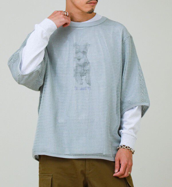 GLOSTER「3/4スリーブメッシュTシャツ シアーT 7分袖 オーバーサイズ」|Tシャツ・カットソー|グレイッシュブルー