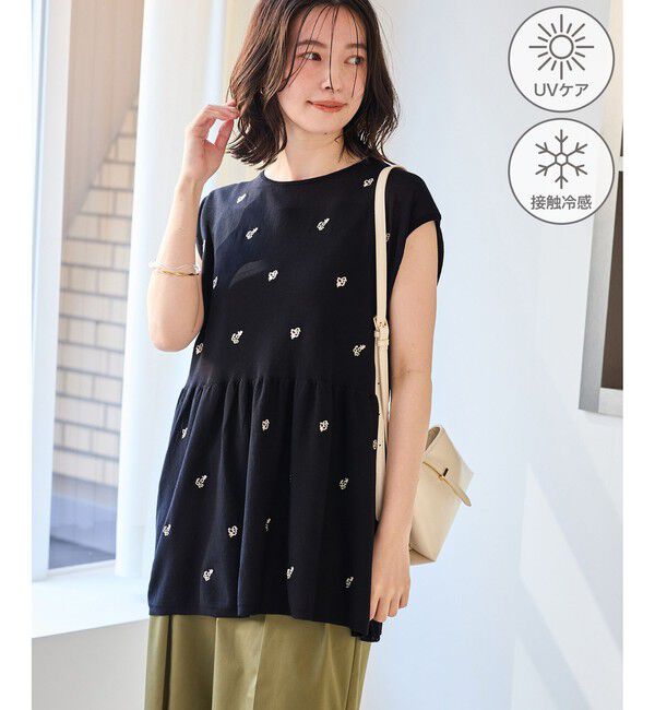 Rope&rsquo;Picnic「【ちゃんと+かわいい保証】シャーベットニット 刺繍シアーペプラムニット/UVケア・接触冷感」|ニット・セーター|ブラック(01)