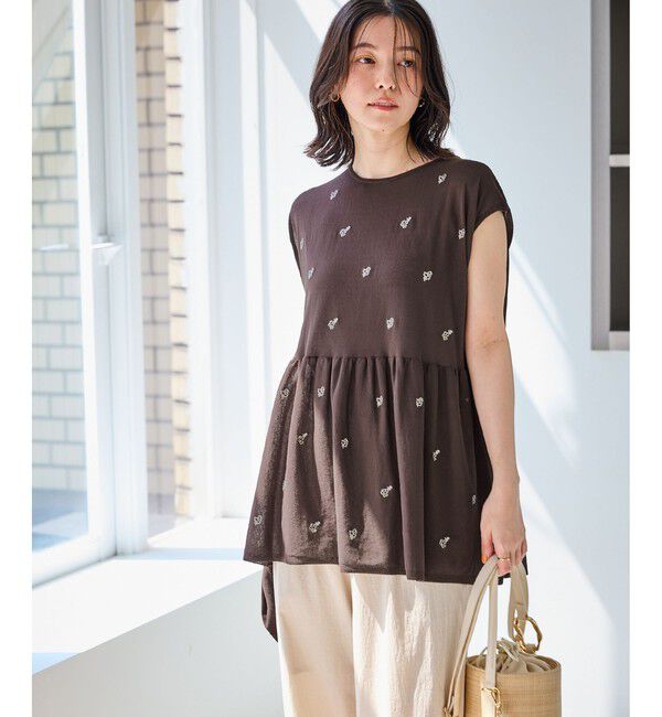 Rope&rsquo;Picnic「【ちゃんと+かわいい保証】シャーベットニット 刺繍シアーペプラムニット/UVケア・接触冷感」|ニット・セーター|