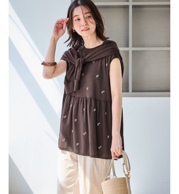 Rope&rsquo;Picnic「【ちゃんと+かわいい保証】シャーベットニット 刺繍シアーペプラムニット/UVケア・接触冷感」|ニット・セーター|