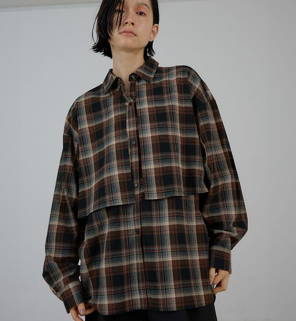 NOMINE「チェック/オックス ロングヨーク オーバーサイズ シャツ｜ユニセックス セットア」|シャツ・ブラウス|ブラウン系その他1