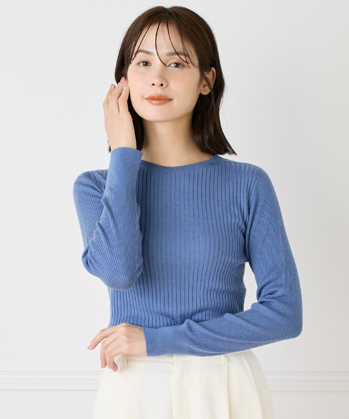 INED「《大きいサイズ》ホールガーメントクルーネックリブニット《Cuoo》」|ニット・セーター|ブルーグレー4