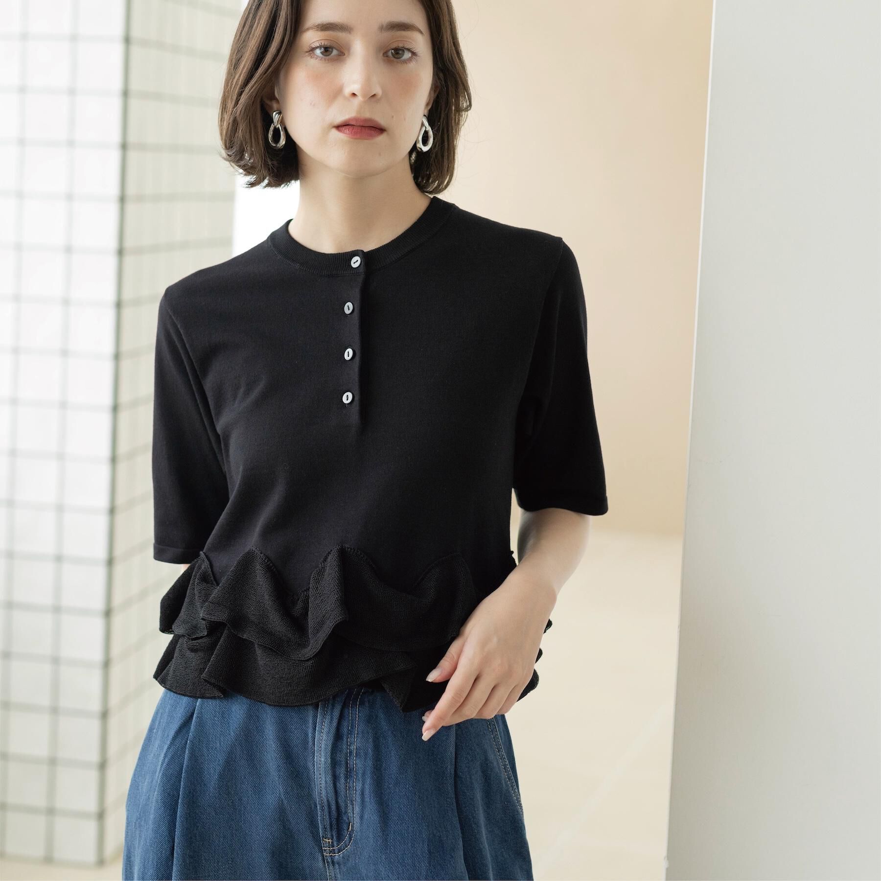 OPAQUE.CLIP「【UVケア／遮熱性】裾フリルヘンリーネックニット《抗ピル／洗濯機OK》」|ニット・セーター|
