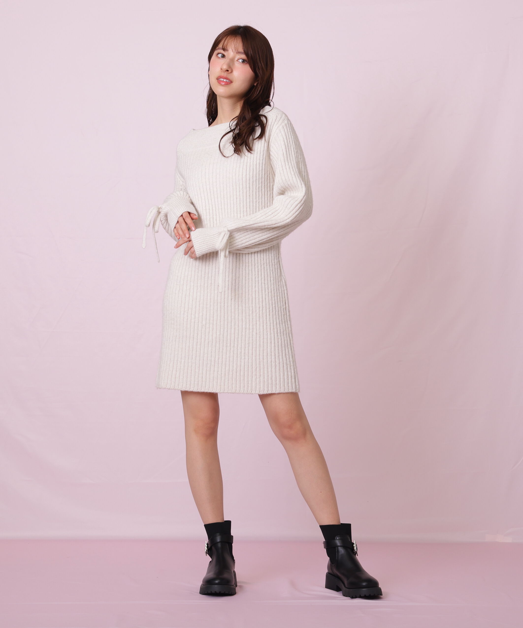  「袖リボンニットワンピース」|ワンピース|