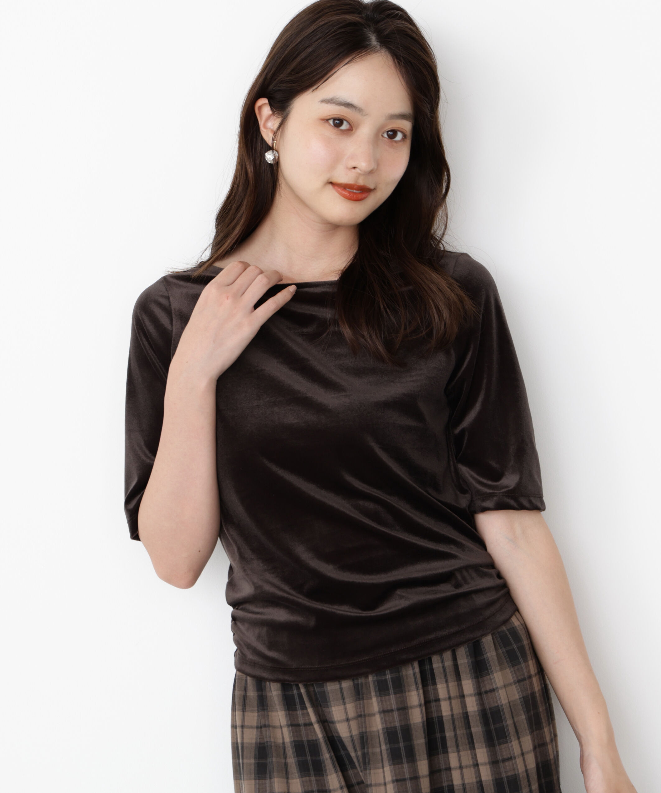 PROPORTION BODY DRESSING「＜ハンドウォッシャブル＞シアーベロア5分袖トップス」|Tシャツ・カットソー|