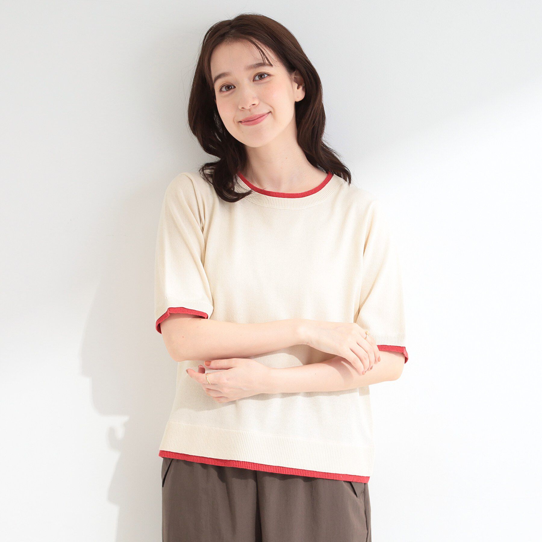 SHOO･LA･RUE「【二の腕隠れる/コットン混】配色使いで差がつく 洗える五分袖ニット」|ニット・セーター|
