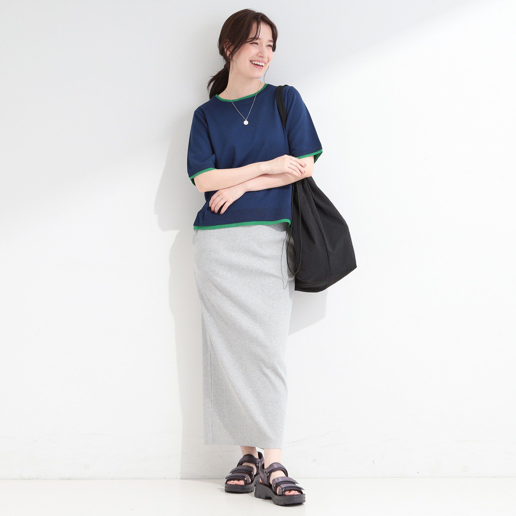 SHOO･LA･RUE「【二の腕隠れる/コットン混】配色使いで差がつく 洗える五分袖ニット」|ニット・セーター|