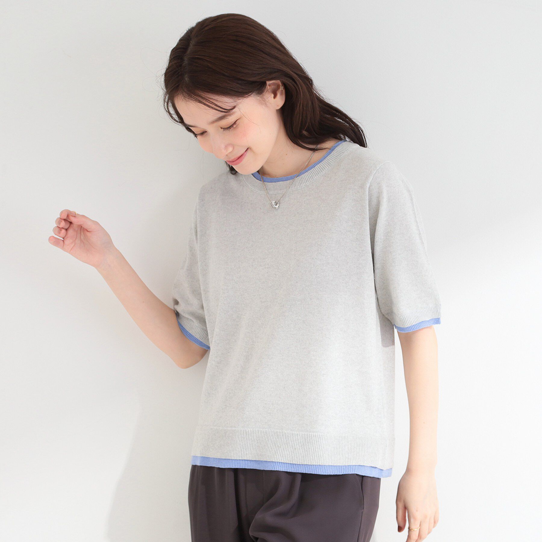 SHOO･LA･RUE「【二の腕隠れる/コットン混】配色使いで差がつく 洗える五分袖ニット」|ニット・セーター|