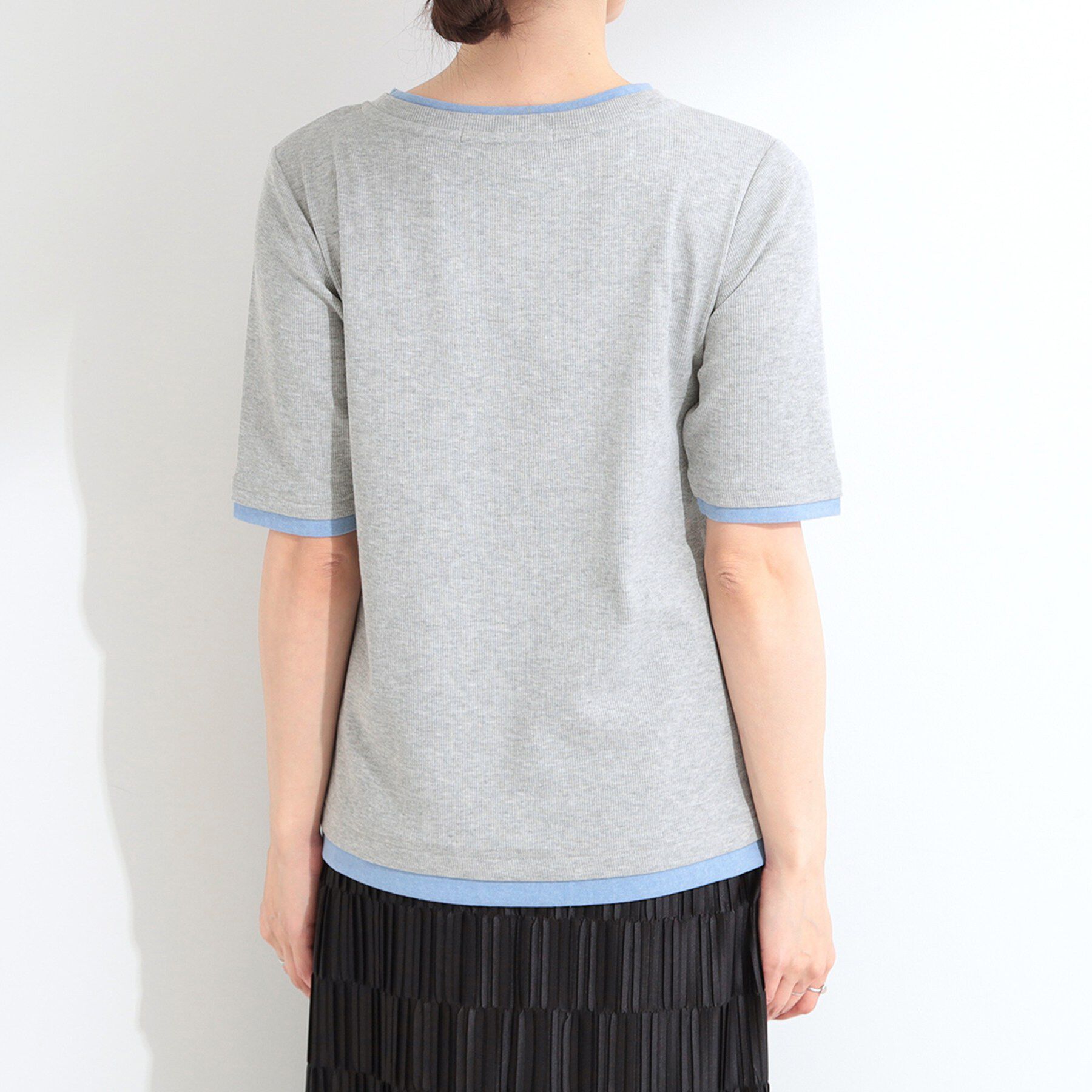 SHOO･LA･RUE「【S-LL/洗濯機可】二の腕隠れる 配色レイヤード風 5分袖Tシャツ」|Tシャツ・カットソー|
