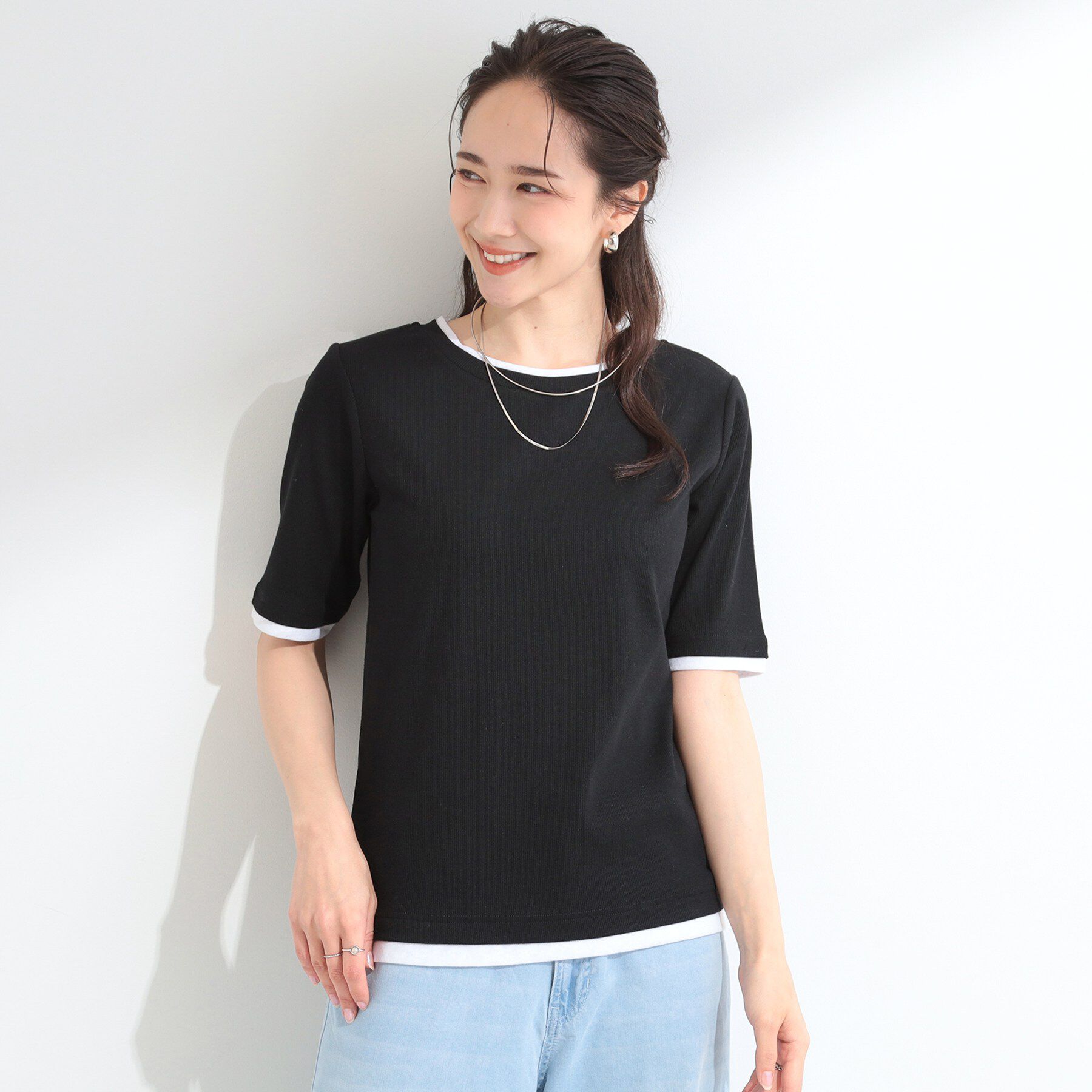 SHOO･LA･RUE「【S-LL/洗濯機可】二の腕隠れる 配色レイヤード風 5分袖Tシャツ」|Tシャツ・カットソー|