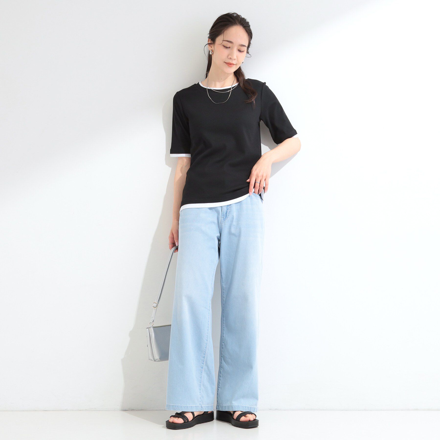 SHOO･LA･RUE「【S-LL/洗濯機可】二の腕隠れる 配色レイヤード風 5分袖Tシャツ」|Tシャツ・カットソー|