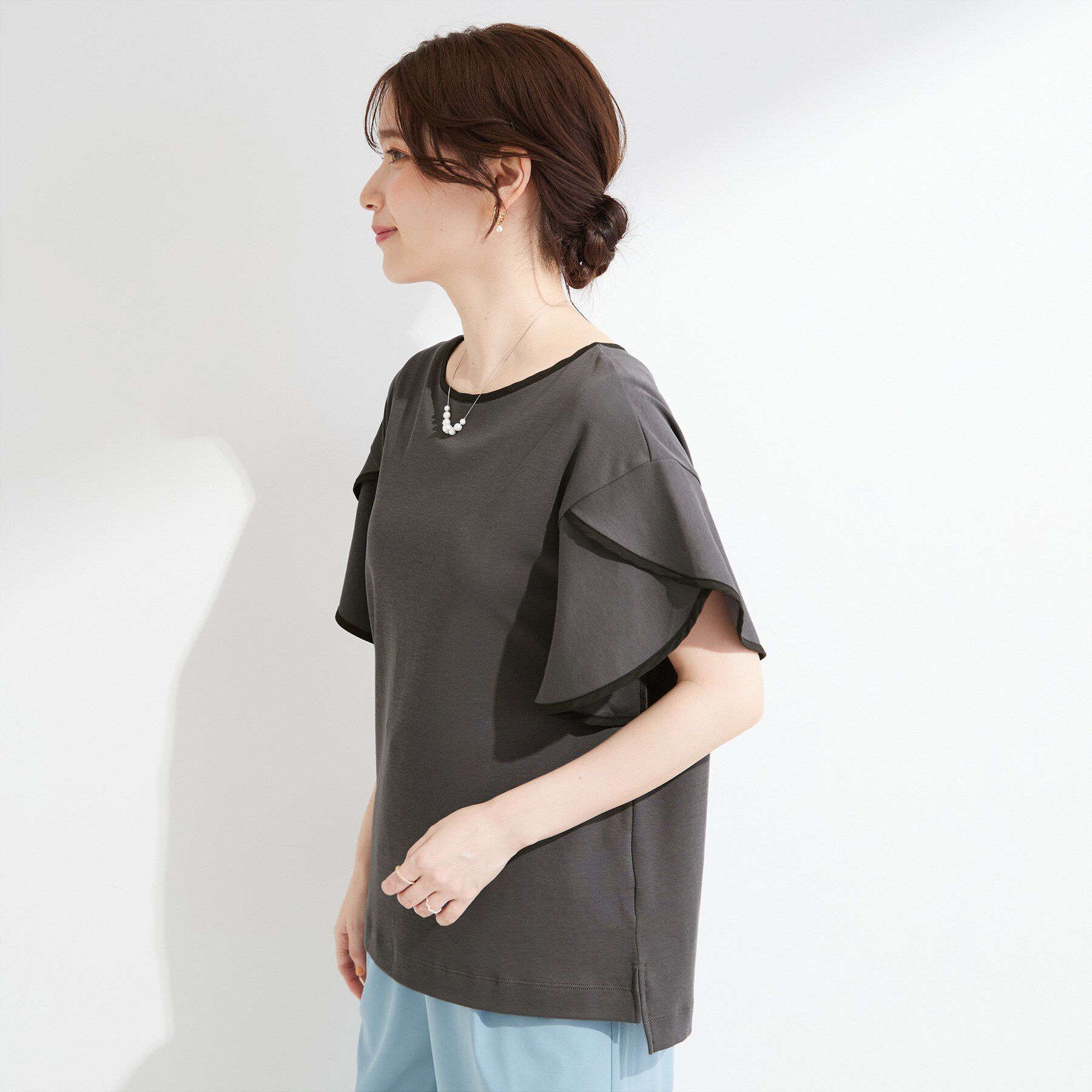 SHOO･LA･RUE「【ひんやり/洗濯機可/S-LL】配色パイピング フレアスリーブトップス」|Tシャツ・カットソー|