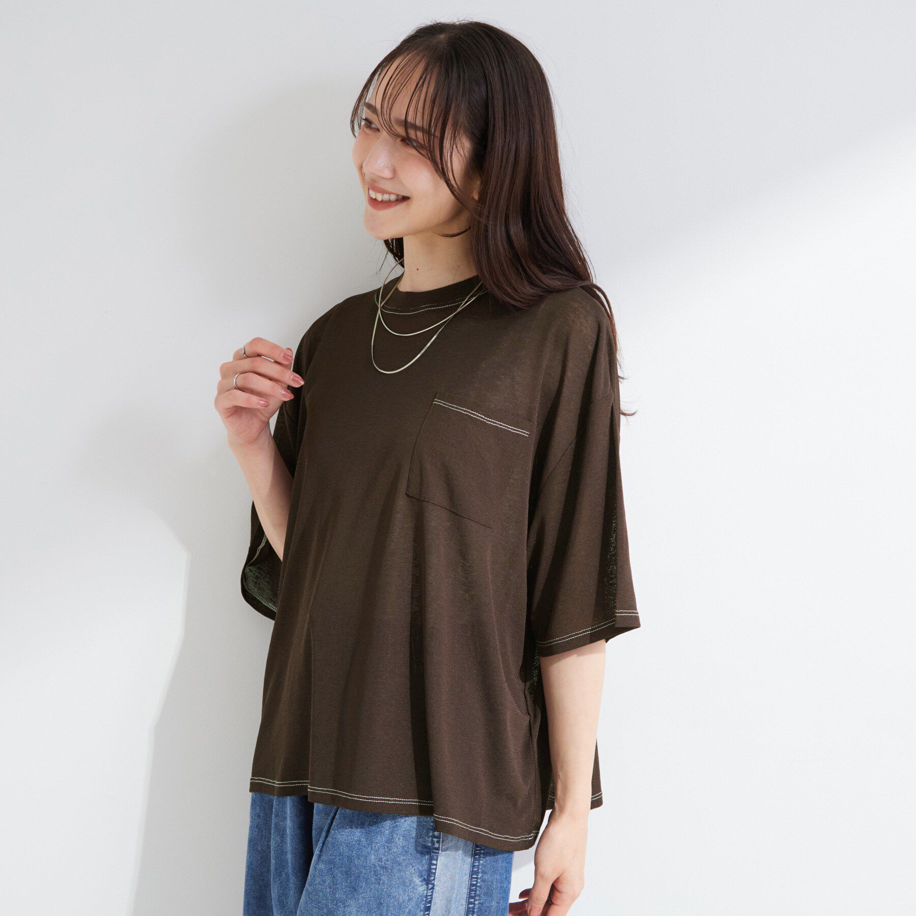 SHOO･LA･RUE「【S-LL/洗濯機可/体型カバー】ゆるっとこなれる 大人のシアースラブTシャツ」|Tシャツ・カットソー|