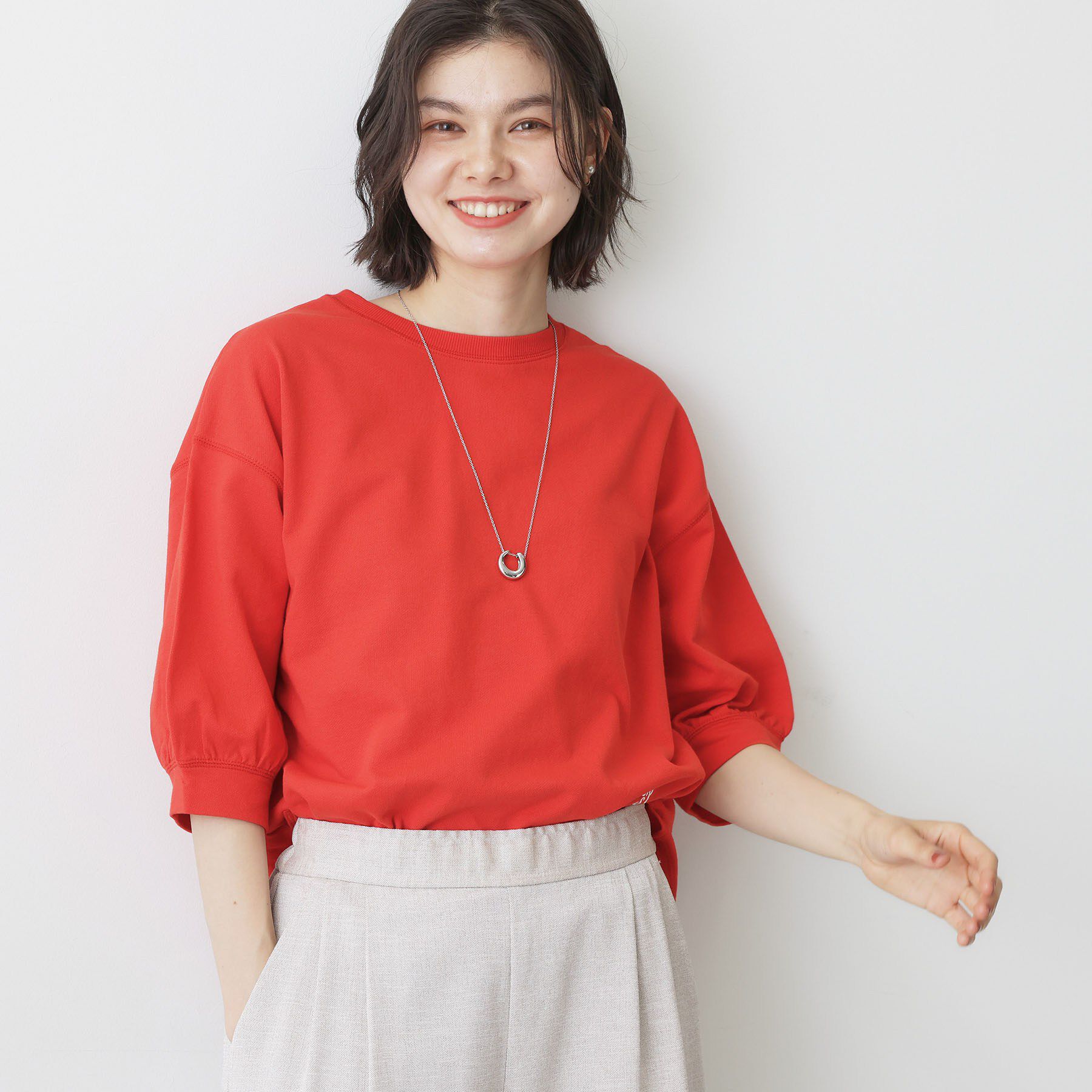 Dessin「【360度可愛い】バックヘンリーカットソー5分袖」|Tシャツ・カットソー|オレンジ(069)