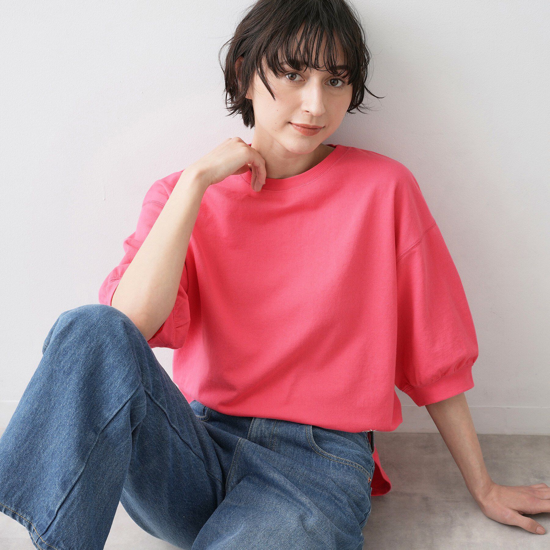 Dessin「【360度可愛い】バックヘンリーカットソー5分袖」|Tシャツ・カットソー|ピンク(073)