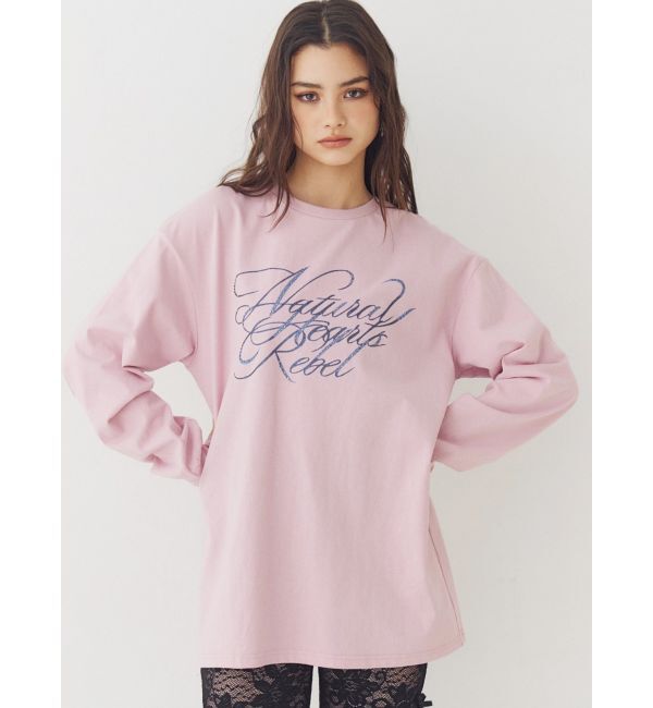 EVRIS「オーバーサイズラインストーングラフィックロンT」|Tシャツ・カットソー|ピンク