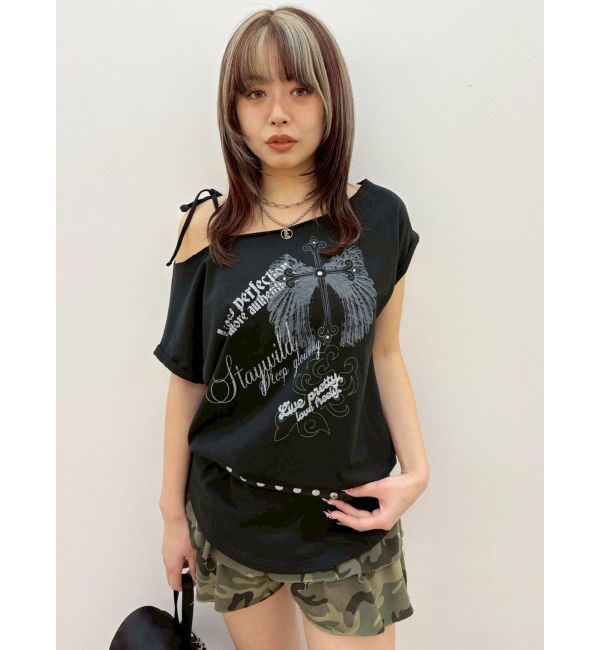 EVRIS「モチーフワンショルダーグラフィックトップス」|Tシャツ・カットソー|