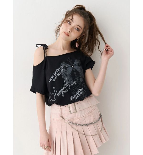EVRIS「モチーフワンショルダーグラフィックトップス」|Tシャツ・カットソー|ブラック