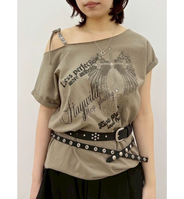 EVRIS「モチーフワンショルダーグラフィックトップス」|Tシャツ・カットソー|カーキ