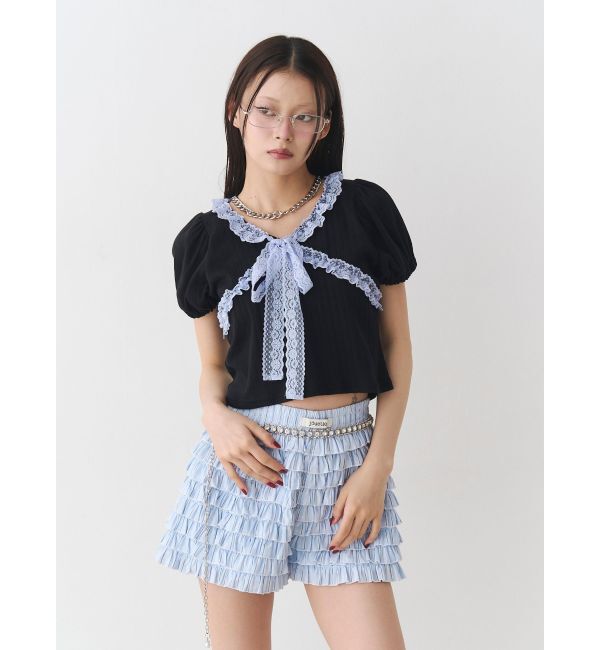 jouetie「レースドッキングパフスリトップス」|Tシャツ・カットソー|ブラック